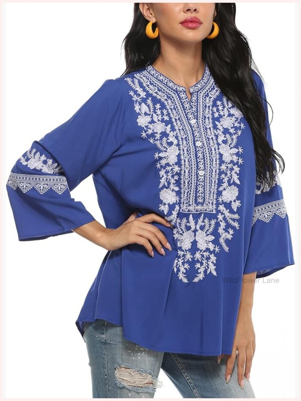 Plus Size Embroidered Boho Tunic Blouse Floral Peasant Top 3/4 Sleeve